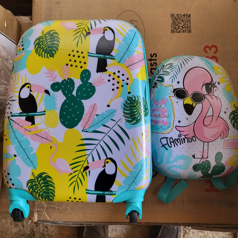 2PC Kids Luggage Set 12'' Backpack & 16'' Rolling Suitcase Travel ABS Flamingos